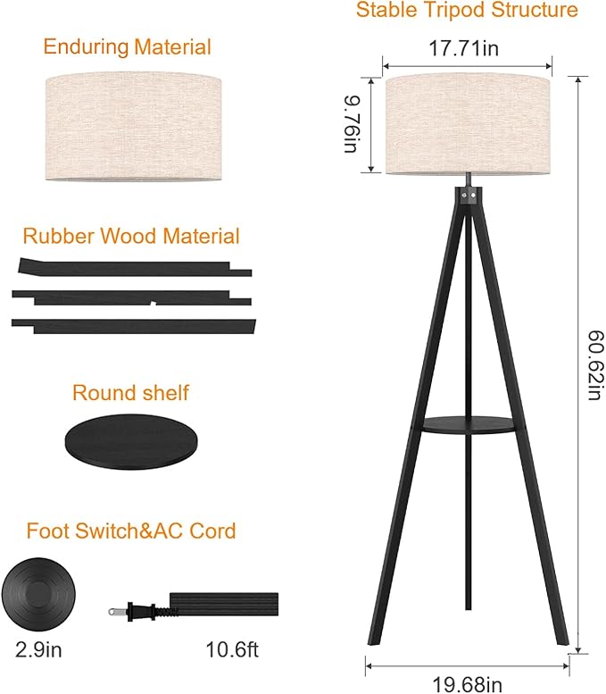 LEPOWER Tripod Floor Lamp, Mid Century Wood Standing Lamp, Modern Design Shelf Floor Lamp for Living Room, Bedroom, Office, Flaxen Lamp Shade with E26 Lamp Base Black