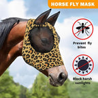 Horse Fly Mask with Ears - Comfort Fit, Durable & Breathable, Easy to on/Off | UV Protection, Large Eye Space, Stretchy Leopard Print (2pcs Medium, Tangle-Free)