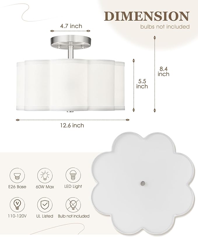 Semi Flush Mount Ceiling Lights, 3-Light 13" Ceiling Light Fixtures with Fabric Shade in Flower Shape, Brushed Nickel Drum Lighting for Nursery Hallway Bedroom Kitchen, AD-22007-3SF-SN