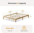 Queen Size Wood Platform Bed Frame, 12 Inch Solid Wood Bed Frame with Wooden Slats, No Box Spring Needed, Easy Assembly, Rustic Pine