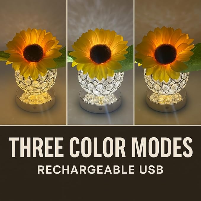 Crystal Cube LED Night Light with Sunflower Vase, USB Rechargeable Table Lamp, 3 Color Modes, Touch Control, Decorative Accent Light for Bedroom, Home (Round Crystal Globe (Sunflower))