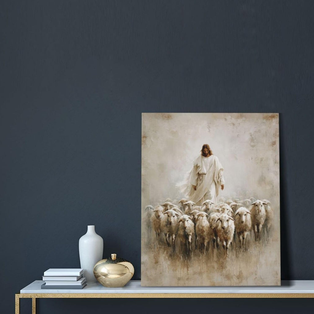 Jesus and Lamb Wall Art Christian Jesus Lamb Canvas Wall Decor Christ Religious Pictures painting Print Framed Artwork Decorations Gifts for Living Room Bedroom Prayer Room Church 16"x20"
