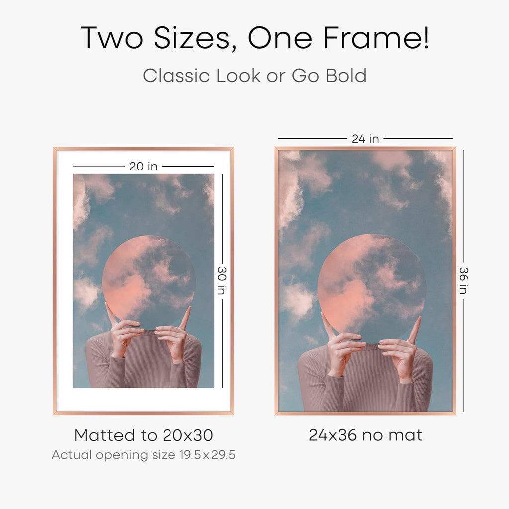 Homeforia 24 x 36 Poster Frame Rose Gold, Premium 24x36 Puzzle Frame Metal Matted to 20x30 Photo, 36 x 24 Picture Frame with Mat for 20 x 30 Photo, Tempered Glass, Wall Hook Included, Set of 1