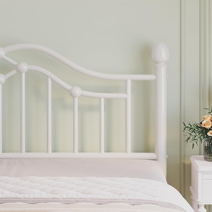 Full Metal Platform Bed Frame, Bed Frame with Victorian Headboard and Footboard, Strong Metal Slats Support, Mattress Foundation No Box Spring Needed, Easy Assembly, Noise Free, White
