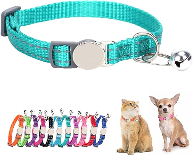 Teal Cat Collars with Bell, Reflective Soft Nylon Breakaway Kitten Collar with Bells, Break Away Puppy Collars for Xs Small Boy Male Dogs, Neck 7-11 Inch