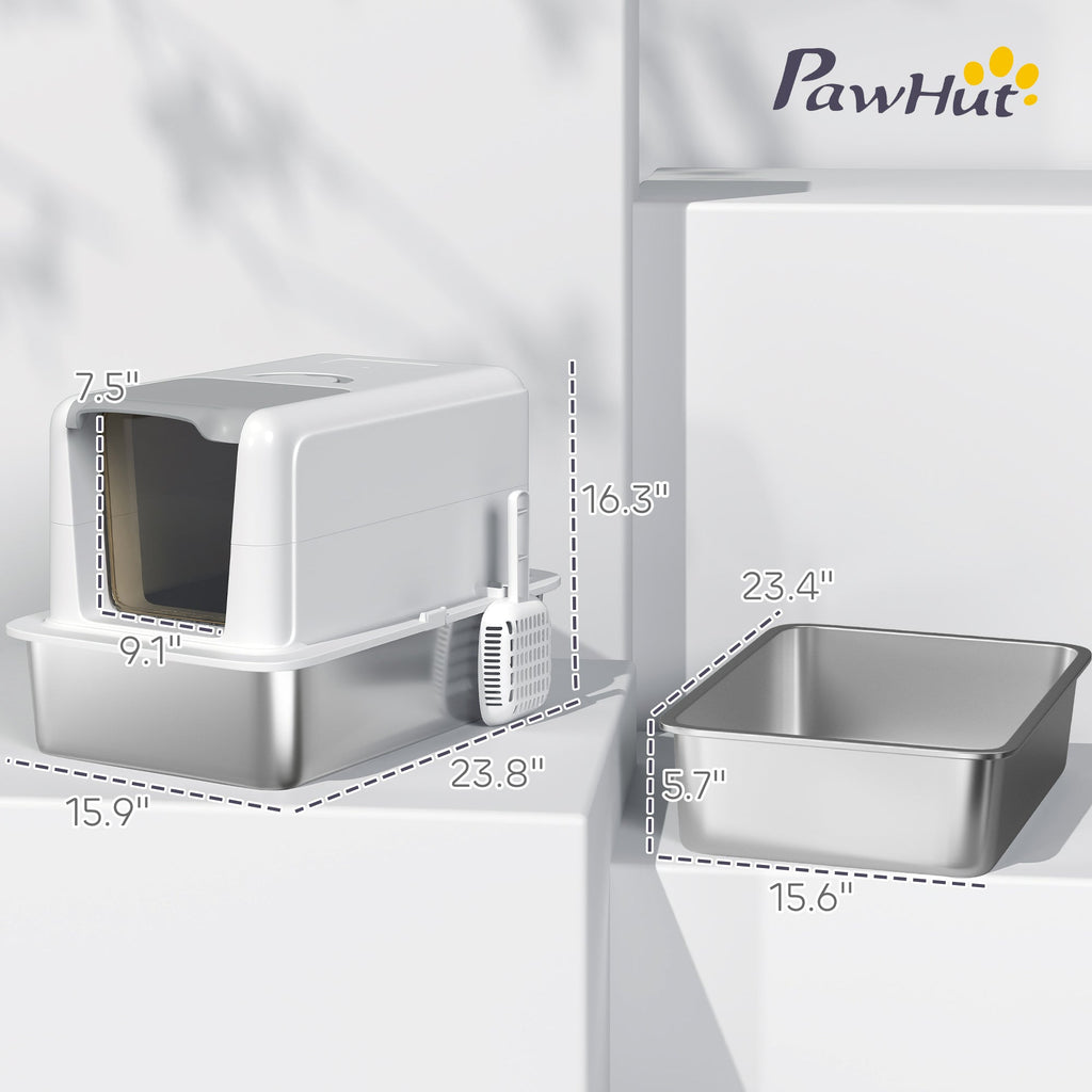 2 in 1 Stainless Steel Cat Litter Box with Removable Lid, Scoop, Filter Bags, for Small to Large Cats, White