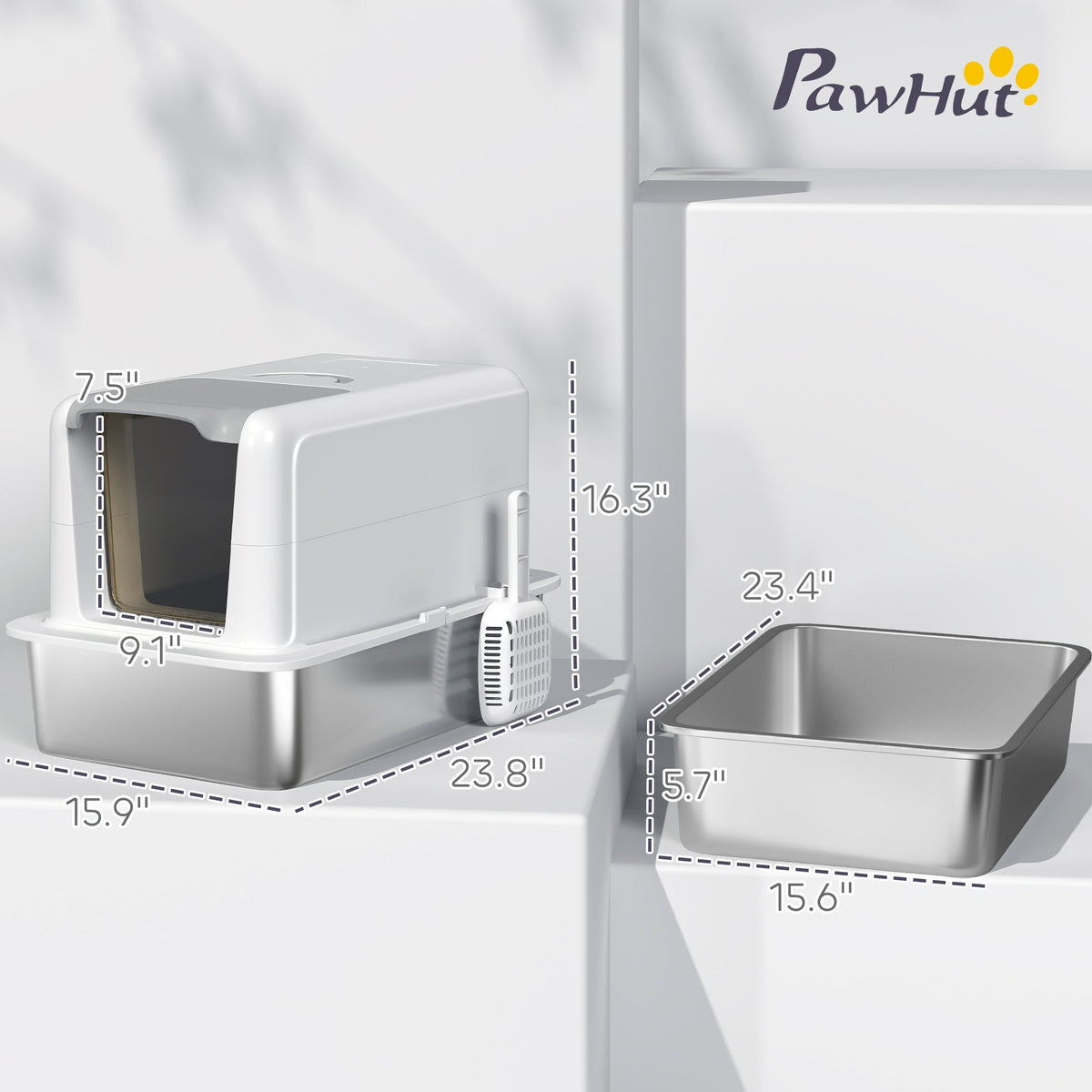 2 in 1 Stainless Steel Cat Litter Box with Removable Lid, Scoop, Filter Bags, for Small to Large Cats, White