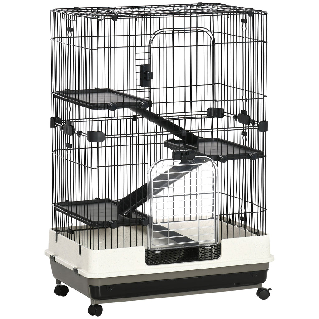 32"L 4-Level Small Animal Cage Rabbit Hutch with Universal Lockable Wheels, Slide-out Tray for Bunny, Chinchillas, Ferret, Black