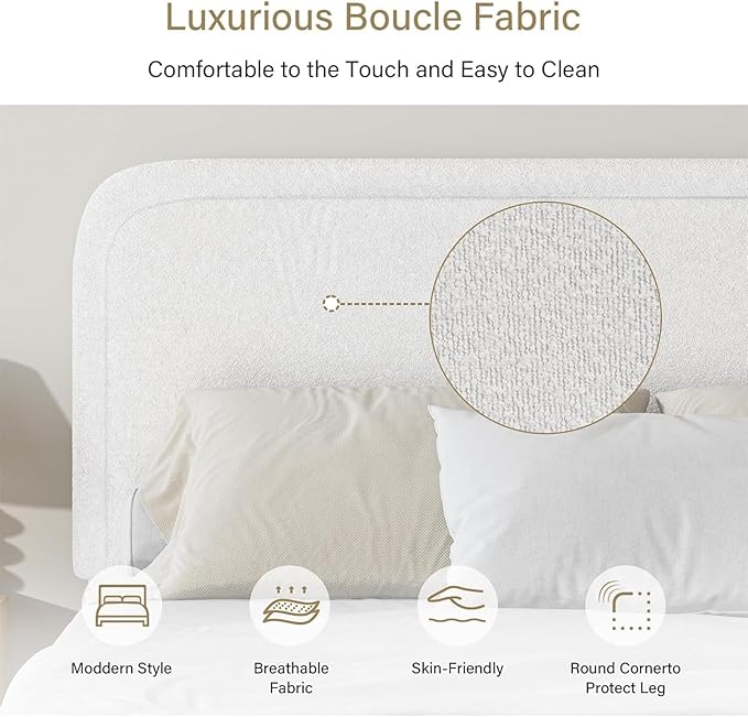 BarnFurin Boucle Upholstered Bed Frame King Size/Cloud Bed Frame/Soft Rounded Corners Headboard/Low Profile/No Box Spring Needed/White