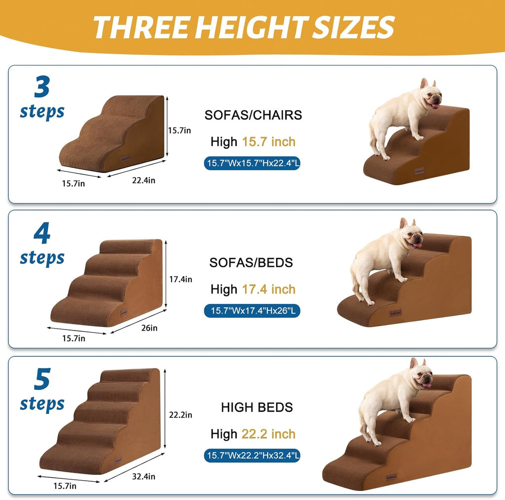 3-Step Dog Ramp and Stairs for Sofa and Chair - Non-Slip Sturdy Pet Steps for Small Dogs and Cats,15.7" H,Brown