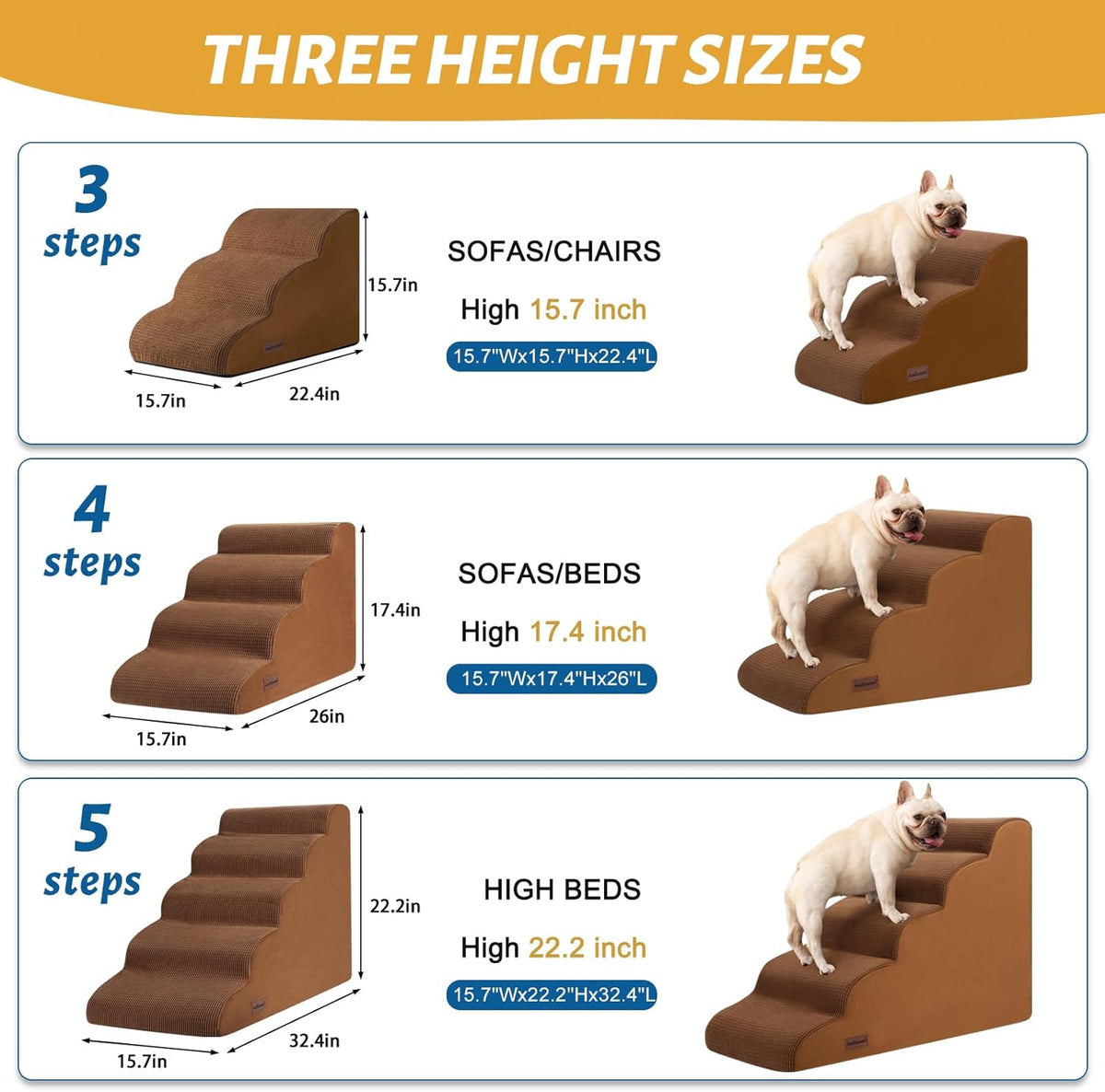 3-Step Dog Ramp and Stairs for Sofa and Chair - Non-Slip Sturdy Pet Steps for Small Dogs and Cats,15.7" H,Brown