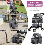 Pet Strollers, Dog Cat Stroller 3-in-1 Detachable Doggy Stroller for Small Medium Dogs 4 Wheel Dog Travel Cart Cat Walker Foldable Wagons for Dogs Trolley for Doggie Rabbit Puppy Strollers, Grey