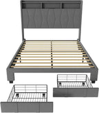 Queen Bed Frame, Velvet Upholstered LED Platform Bed with Headboard Storage, Queen Bed Built-in Charging Station with 2 Drawers, Wood Slat Support, No Box Spring Needed, Grey