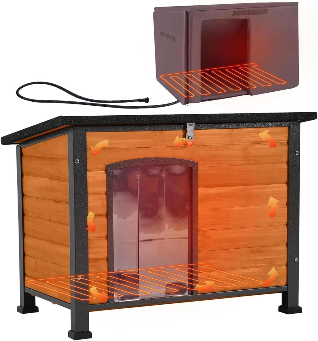Aivituvin Dog House Outdoor Heated Dog Kennel with Insulated Liner & Heater for Winter Strong Iron Frame Large Dog Cage for Small & Medium Dogs,33.5"