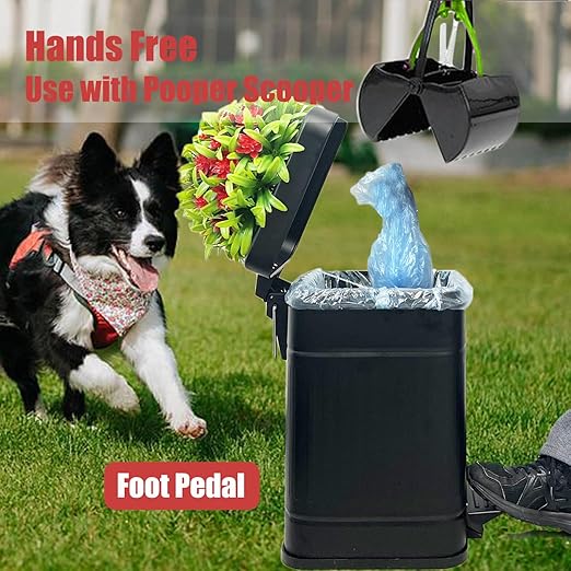Metal Dog Poop Trash Can Outside - Small Outdoor Garbage Can with Pedal - Stainless Steel Dog Waste Container with Lid - Decorative Trash Bin (Faux Plant) - Hidden Trash Bucket - Black & Flower
