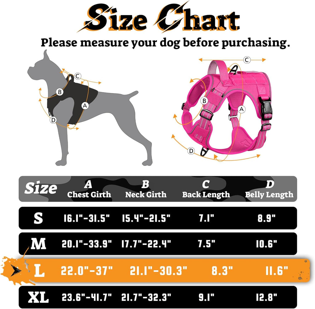 rabbitgoo Dog Harness for Large Dogs No Pull, Tactical Service Pet Vest with Molle and Control Handle, Adjustable and Reflective Military Harness for Easy Walking and Training, Rose Red, L
