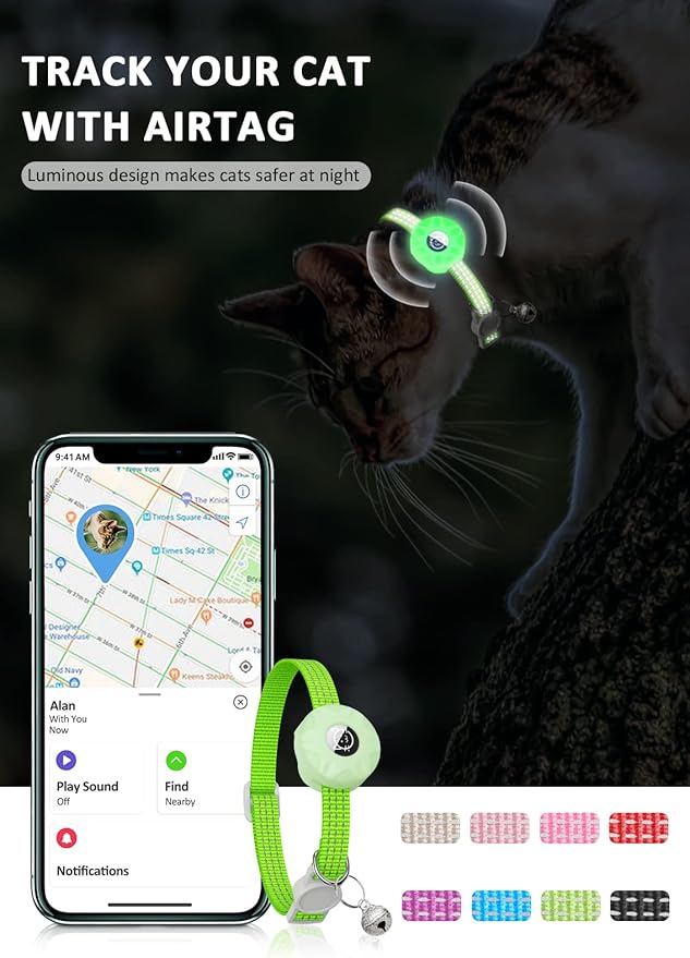 Apple AirTag Cat Collar, GPS Tracker Kitten Collar with Breakaway Feature, Lightweight and Reflective, Perfect for Cats and Puppies (Luminous Green)