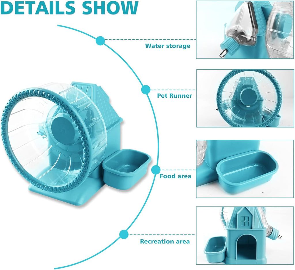 4 in 1 Silent Large Hamster Wheel Multifunctional Hamster Running Wheel Quite Running Spinner Wheel Accessories with Food Bowl Water Bottle for Hamsters Dwarf Gerbil (Blue)