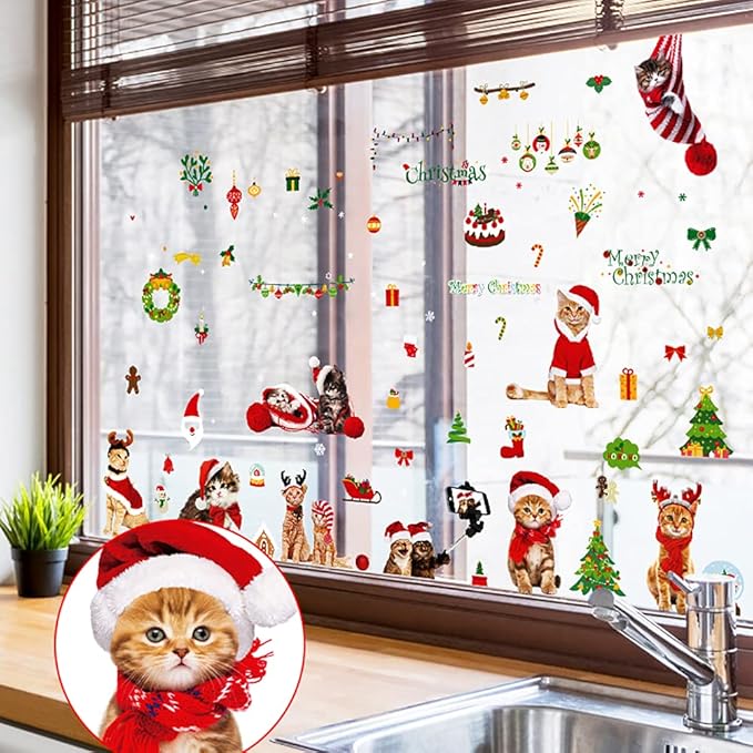 Christmas Window Clings Cat Dog Stickers for Window Glass, 290 PCS 18 Sheets Xmas Decals Decorations Christmas Cat Tree Bells Decals for Holiday Party(Dog and Cat)