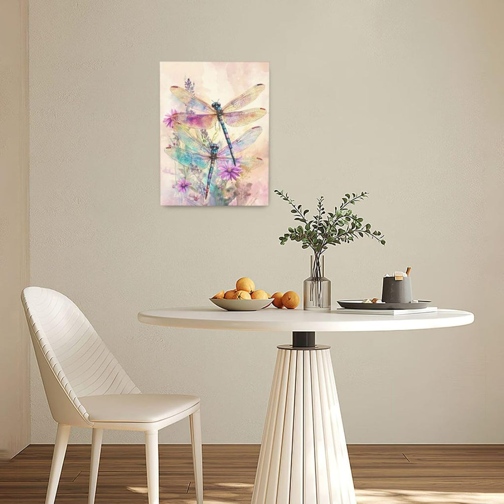 Dragonfly Bathroom Pictures Wall Art, Floral Bathroom Wall Decor, Framed Painting Canvas Artwork for Bedroom Living Room Decorations 16"L x 12"W