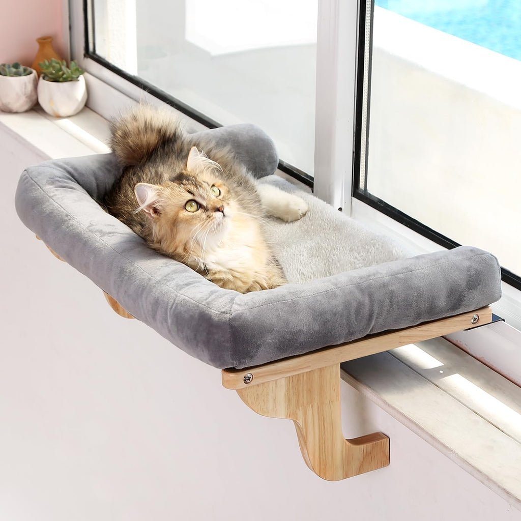 Cat Perch for Window Sill with Bolster - Orthopedic Hammock Design with Premium Hardwood & Robust Metal Frame - Cat Window Seat for Large Cats and Kittens - Natural Color Wood with Gray Bed