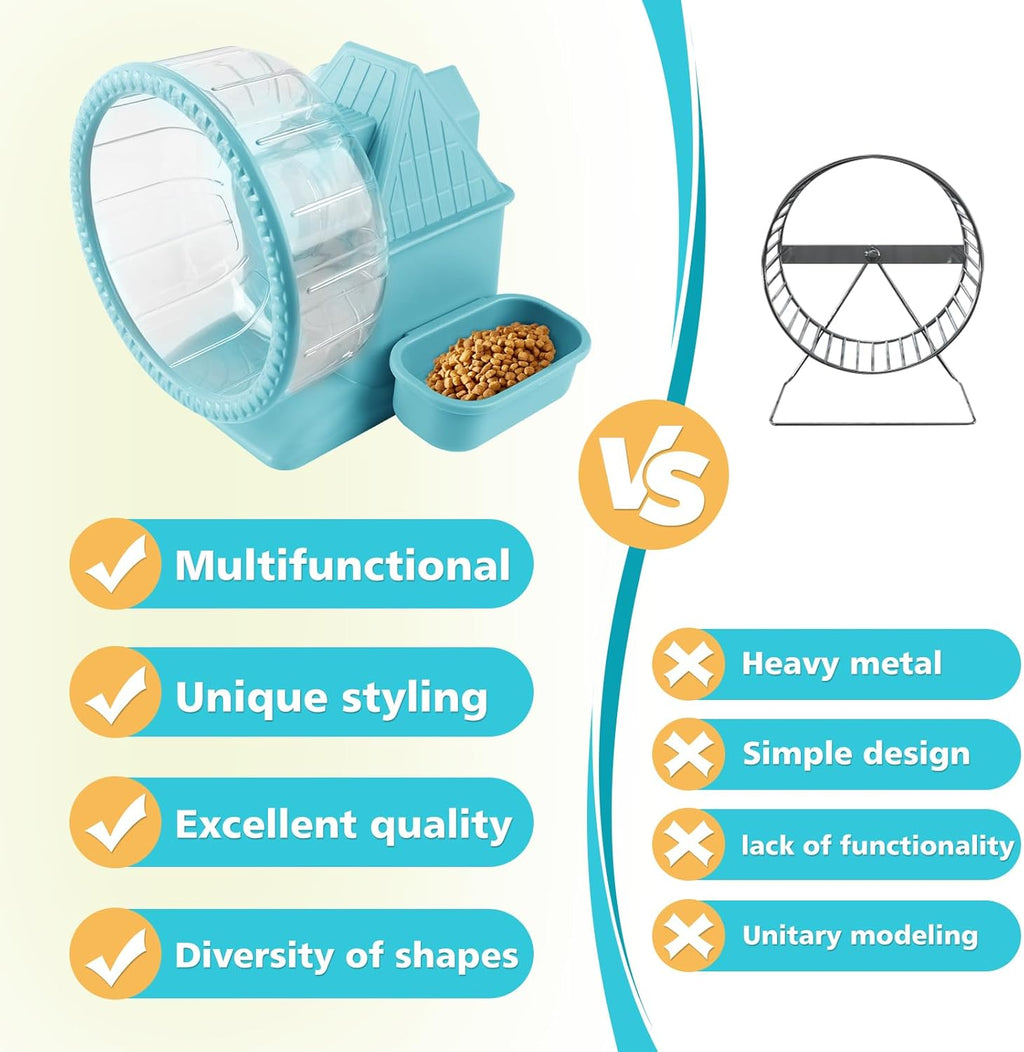 4 in 1 Silent Large Hamster Wheel Multifunctional Hamster Running Wheel Quite Running Spinner Wheel Accessories with Food Bowl Water Bottle for Hamsters Dwarf Gerbil (Blue)