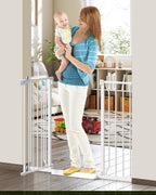 34" Extra Tall Baby Gate for Stairs, Auto Close Stroller Friendly Dog Gate Indoor for Doorways, Pressure Mounted 29"-45" W Baby Gate, Easy Walk Through Gate for Children & Pets, White