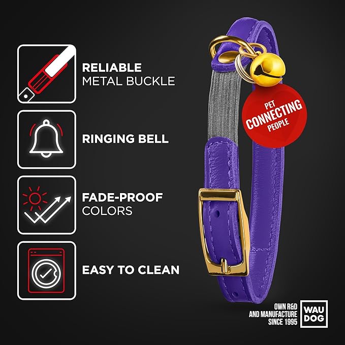 WAUDOG Ultra Soft Rolled Leather Cat Collar with Removable Bell, Safety Elastic Strap and QR ID Tag - Soft Padded for Small, Medium, and Large Cats - Round Kitten Collar for Male and Female Cats