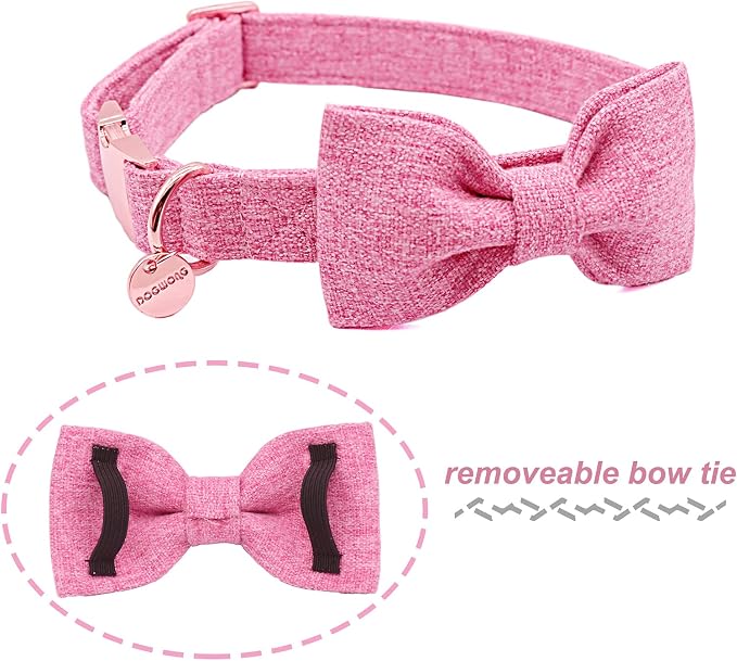 DOGWONG Hemp Cotton Dog Collar with Bow, Pink Pet Collar Durable Adjustable Girl Puppy Collar for Small Medium Large Dogs