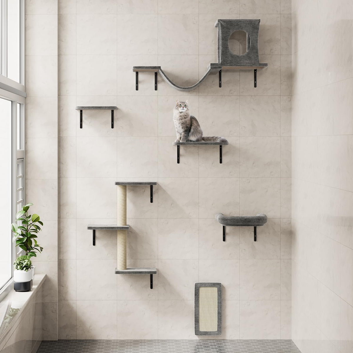 NUNU LAB Cat Wall Shelves, 6 Pcs Luxury Wall-Mounted Cat Climber Set, Indoor Cat Furniture with 1 Condos House, 2 Cat Wall Shelves, 1 Scratching, 1 Bridge Ladder, 1 Scratching Pad, Dark Gray