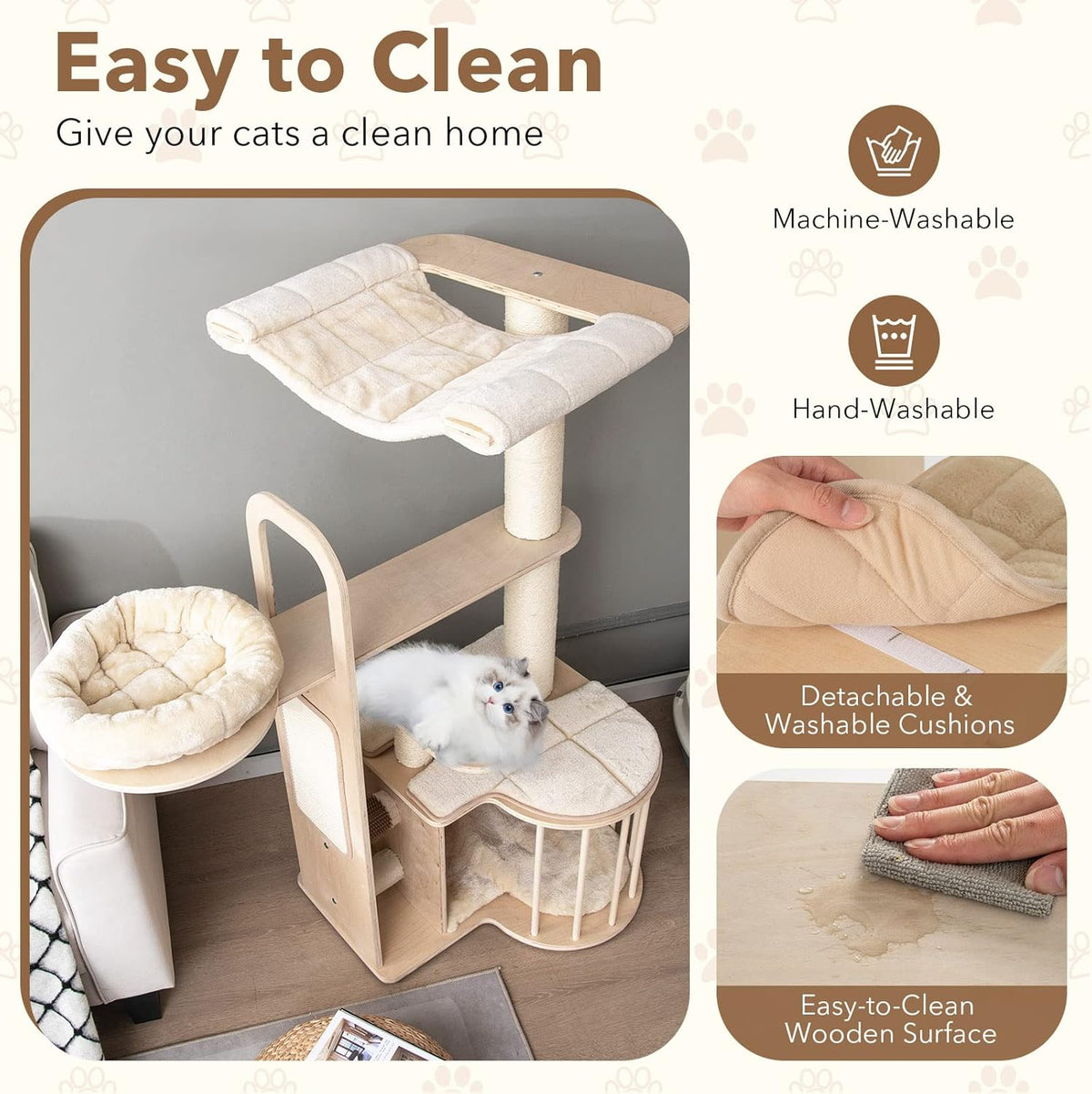 Tangkula Wood Cat Tree for Indoor Cats, 55 Inch Multi-Level Cat Tower Activity Center with Hammock, Cat Condo, Sisal Scratching Posts & Washable Cushions, Modern Cat Tree Houses for Large Cats