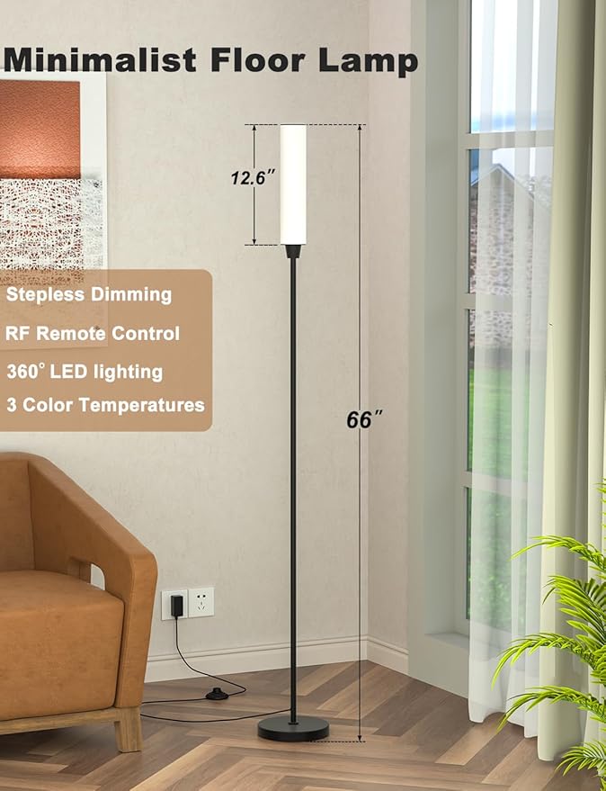 Floor Lamps for Living Room, Upgrade Moder Floor Lamp with Remote Control, Full Range Dimming Minimalist Standing Lamp Perfect for Living Room, Bedrooms and Office (Black)
