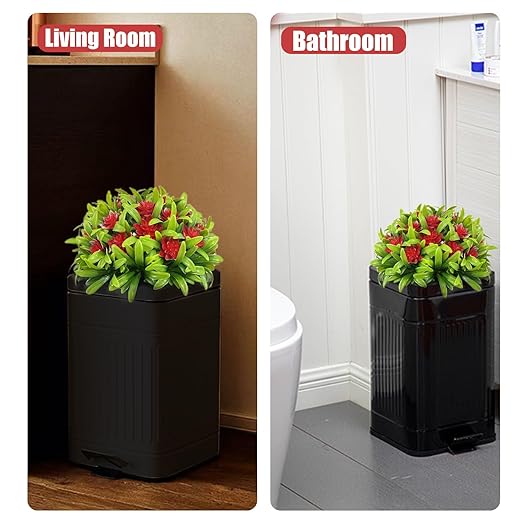 Metal Dog Poop Trash Can Outside - Small Outdoor Garbage Can with Pedal - Stainless Steel Dog Waste Container with Lid - Decorative Trash Bin (Faux Plant) - Hidden Trash Bucket - Black & Flower