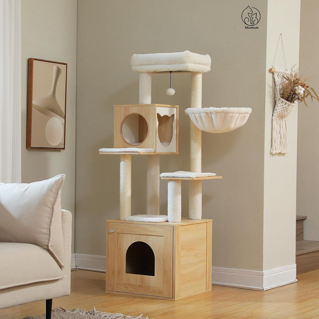 Tall Cat Tree with Litter Box Enclosure 57.5" Wooden Cat Tower for Large Cats with Cat Hammock House Bed (Pure Beige)