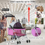 4 Wheels Pet Stroller,Dog Cage Protable Travel Folding Carrier Cart Waterproof Buggy Doggie Dog Stroller Jogger with Cup Holders for Small-Medium Pink