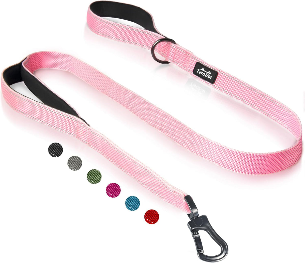 TwoEar 5FT 1IN Strong Pink Dog Leash with 2 Padded Handles, Traffic Handle Extra Control, Comfortable Soft Dual Handle, Auto Lock Hook, Reflective Walking Lead for Small Medium and Large Dogs