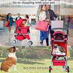 Dkeli 3-Wheel Pet Stroller, Lightweight Foldable Dog Stroller for Small Medium Dogs & Cats, Breathable Mesh & Weather Cover with Storage Basket, for Daily Walk Outdoor Travel (Red)