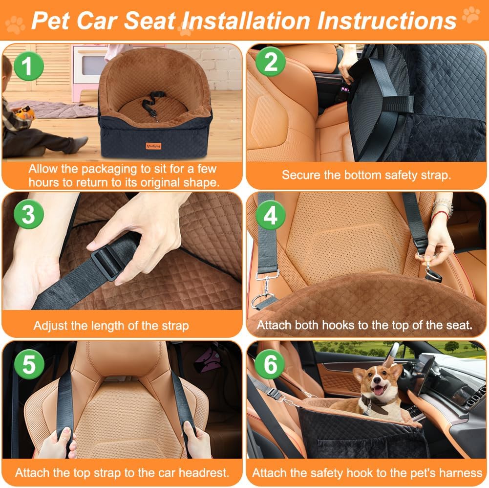 Vivifying Dog Car Seat for Small & Medium Dogs, Detachable & Washable Booster Seat for Pets Up to 30lbs, Travel Bed with Storage Pockets and Safety Belt – Brown&Black