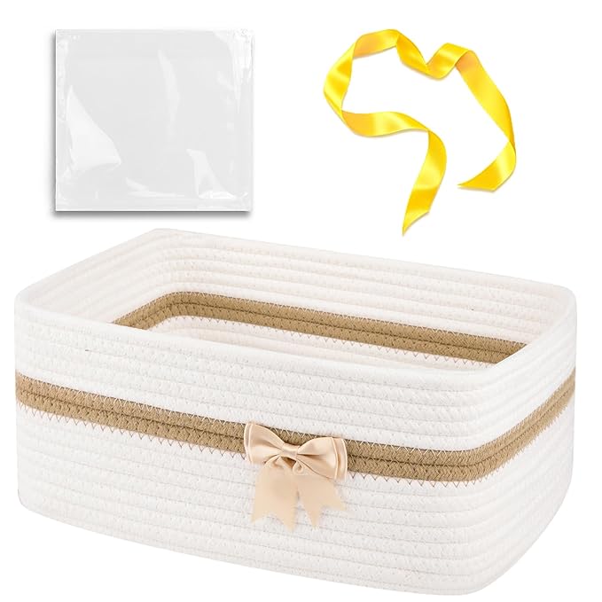 OIAHOMY Large Woven Storage Basket with Handles for Nursery Living Room Shelves, Bow Basket for Gifts Empty with Gift Bags and Ribbons for Baby Showers Pet Toy Bin - White