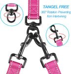 PetBonus Double Dog Leash, No Tangle Dual Leash, Reflective Walking Training Lead, 4 Comfortable Padded Handles for 2 Dogs with Collapsible Bowl and Waste Bags (Pink, Large)
