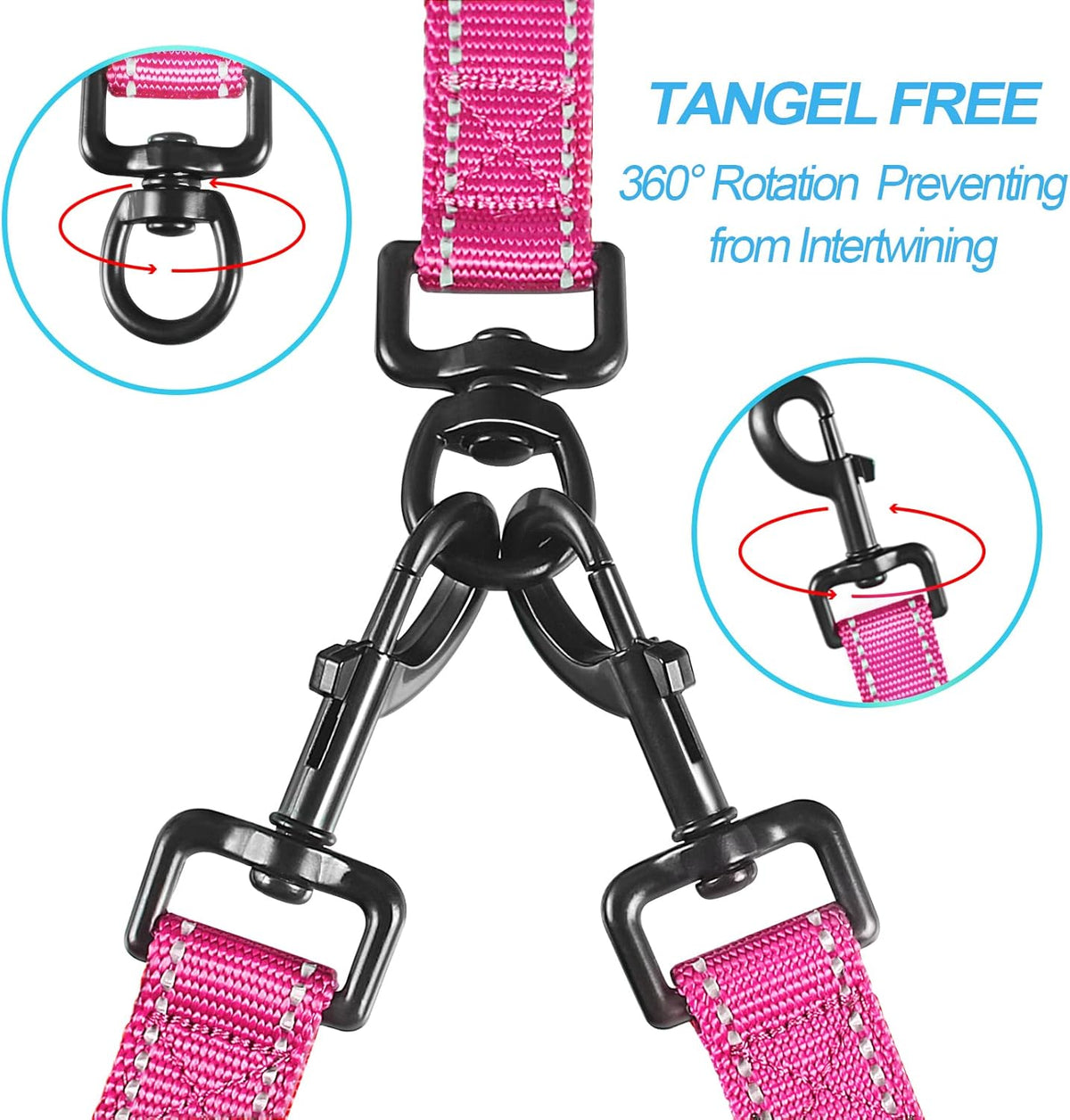 PetBonus Double Dog Leash, No Tangle Dual Leash, Reflective Walking Training Lead, 4 Comfortable Padded Handles for 2 Dogs with Collapsible Bowl and Waste Bags (Pink, Large)