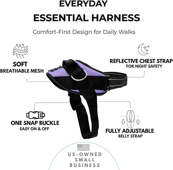 ShawnCo Essential Dog Harness, No-Pull Pet Vest (ICY Lilac,XL) | 3 Leash Clips, Easy On, No-Choke, Reflective, Adjustable Fit, Padded Comfort, Control Handle, For Small, Medium & Large Dogs