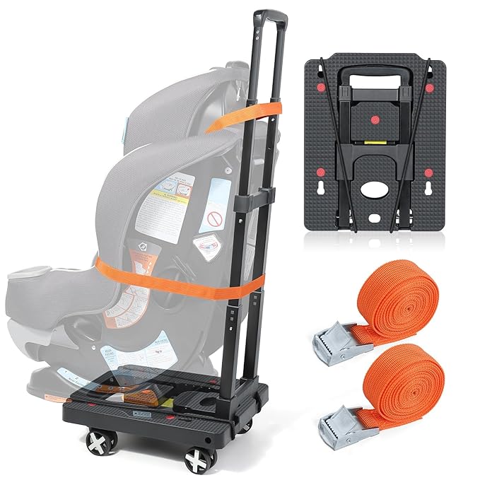 Orzbow Car Seat Dolly for Airport, Folding Car Seat Travel Cart with 4 Wheels and Adjustable Handle, Carseat Roller for Airplane Travel with Straps, Compact Luggage Hand Trolley, Black