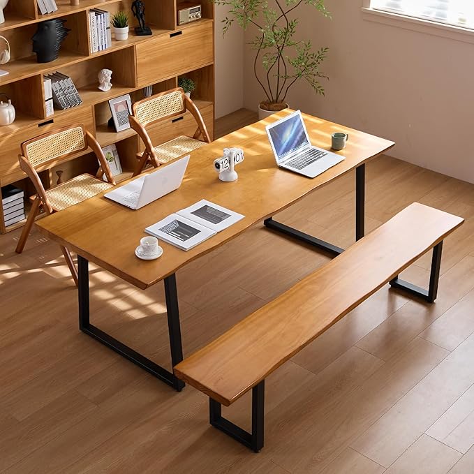 "Durable Solid Wood Top Bench with Sturdy Metal Legs – Versatile Dining & Office Seating - Multi-Size Options Ideal for Living Room, Dining Room, and Home Office" (dark yellowbench, 78.74in)