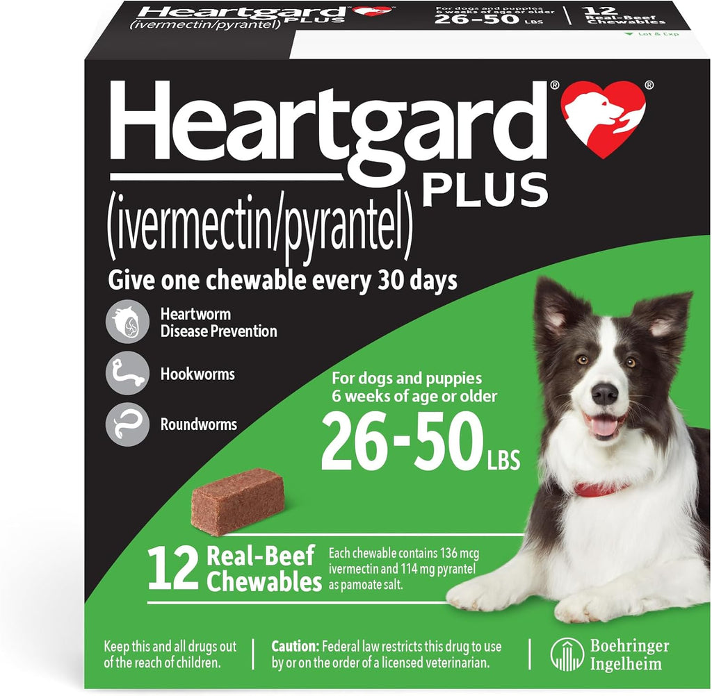HEARTGARD® Plus (ivermectin/pyrantel) Real-Beef Chewables for Dogs 26-50 lbs (Green Box) 12 Month Supply of Chews (Heartworm Disease Preventive)