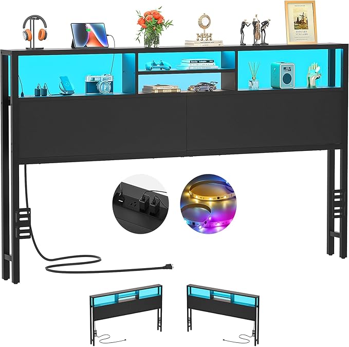 Aheaplus Headboard for King Size Bed with Storage, Headboards with Outlets, USB Ports and LED Light, King Size Head Board Only, Height Adjustable, Reversible, Sturdy and Stable Headboard, Black