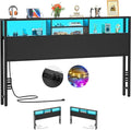 Aheaplus Headboard for King Size Bed with Storage, Headboards with Outlets, USB Ports and LED Light, King Size Head Board Only, Height Adjustable, Reversible, Sturdy and Stable Headboard, Black