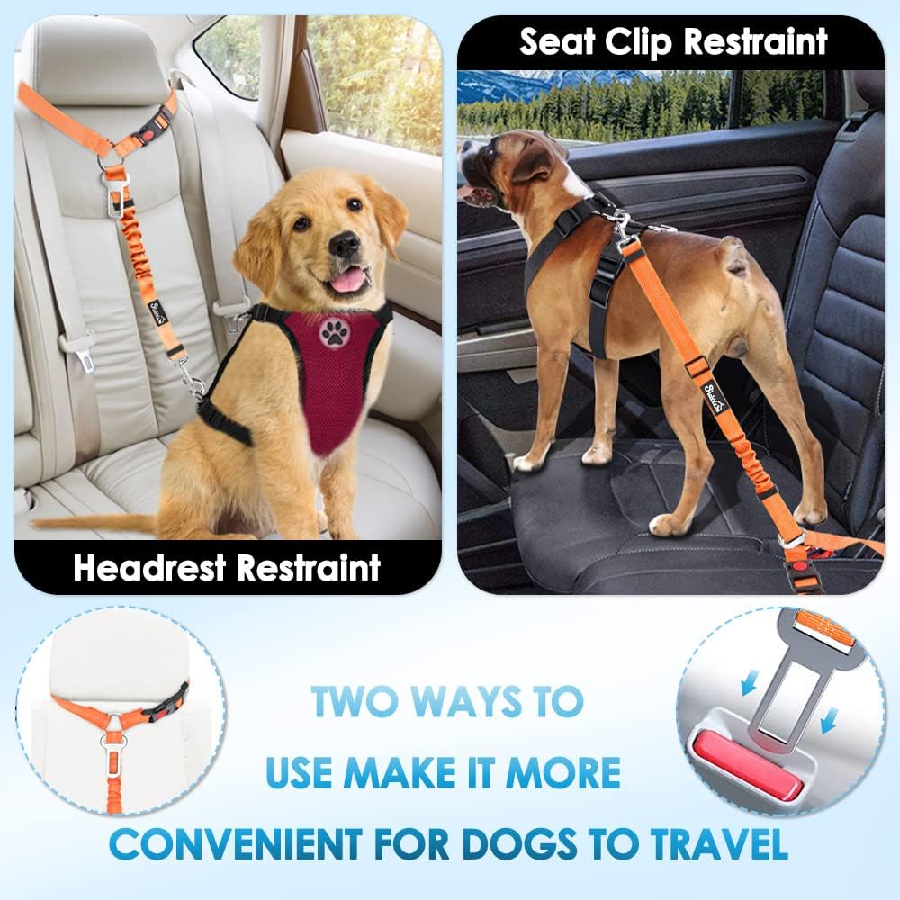 SlowTon Dog Seat Belt for Car, 2 Pack Dog Car Harness Seatbelt Adjustable with Elastic Bungee Buffer, 2 in 1 Pet Car Leash Headrest Restraint Dog Reflective Safety Tether (Orange, Headrest+Clip)