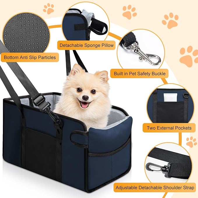 Portable Dog Car Seat for Small Dogs - Adjustable Safety Leash, Washable Cushion & Storage Pocket - Pet Booster Seat for Car Travel- Navy Blue