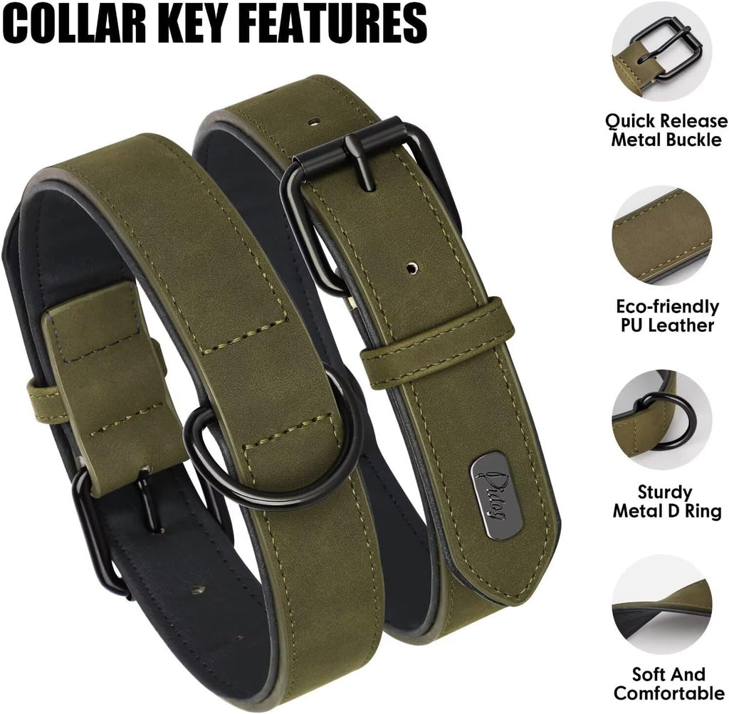Didog Soft Padded PU Leather Dog Collar, Breathable and Adjustable Dog Collar for Large Dogs, Comfortable for Daily Walk, Dark Green, XL Fit Neck 17-21"(44-71 lbs)